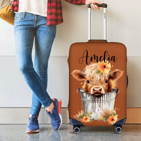 Personalized Cute Floral Highland Cow Luggage Protective Cover with Name Fits 18-32 Inches Suitcase Travel Essentials Vacation Gift for Travel Lovers
