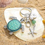 Personalized Sea Turtle Starfish Ocean Theme Keychain Bag Charm with Engraved Initial Disc and Turquoise Pearl Birthday Gift for Women Turtle Lovers