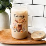 Personalisierte Hochlandkuh 20oz Name Glasbecher mit Bambusdeckel Geburtstagsgeschenk für junge Gruppe Hochlandkuh-Liebhaber