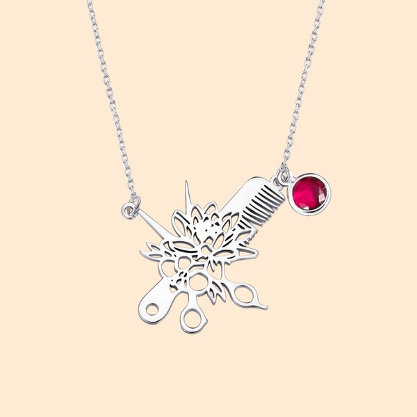 Personalized Hollow Hairdresser Birth Flower Necklace with Birthstone Minimalist Jewelry Birthday Appreciation Gift for Stylists Hairdressing Lovers