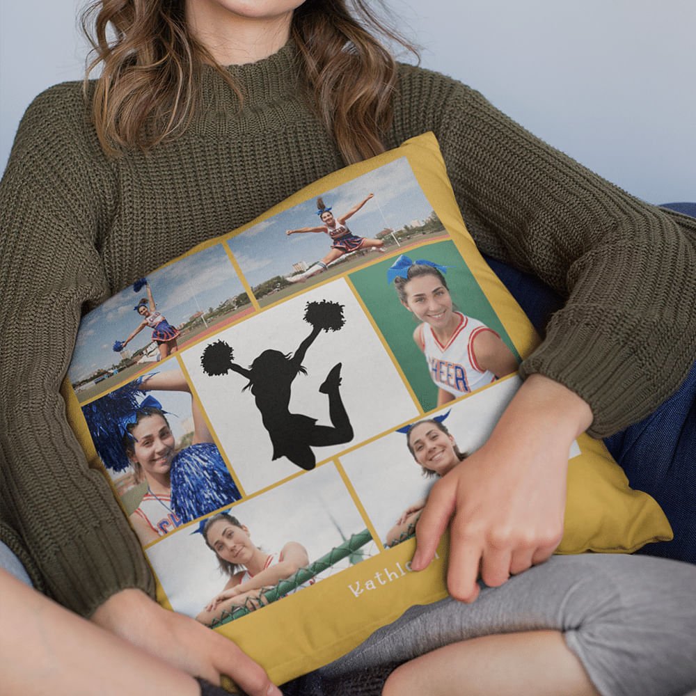 Henkilökohtainen Cheerleading Photo Collages heittää tyynyn kansi tekstillä Home Decor Housewarming lahja Cheerleadersille 4