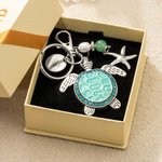 Personalized Sea Turtle Starfish Ocean Theme Keychain Bag Charm with Engraved Initial Disc and Turquoise Pearl Birthday Gift for Women Turtle Lovers