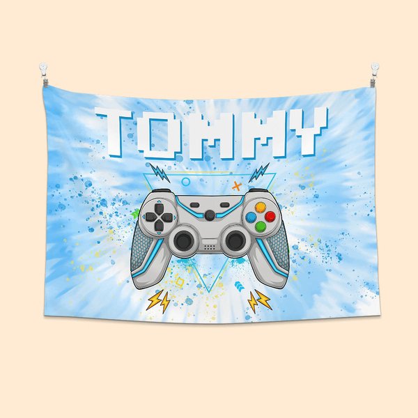 Personlig färgglad slipsfärgningseffekt Gamepad Design Tapestry med namn Spelrumsinredning Födelsedagspresent för barn Spelälskare