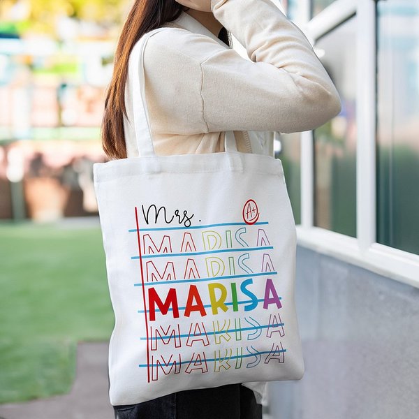 Gepersonaliseerde Retro A + Notitie Papier Ontwerp Regenboog Herhaalde Naam Canvas Tote Bag Waardering Terug naar School Gift voor Leraar