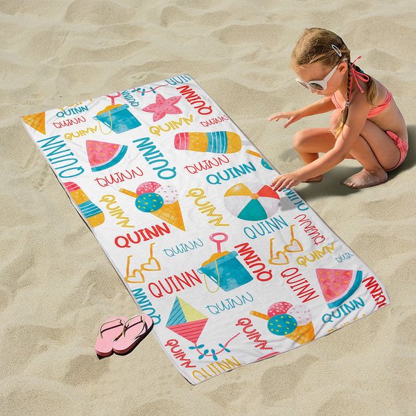 Personalized Colourful Summer Vibes Quick Dry Soft Microfiber Kid Beach Towel with Name Summer Travel Essentials Birthday Gift for Boys Girls