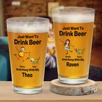 Personalised Just Want to Drink Beer with My Pet 16oz Pint Beer Glass with Photos and Names Housewarming Father's Day Gift for Pet Lovers