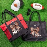 Personalized Football Bow Zippered Tote Bag with Name and Number Game Day Accessories Birthday Gift for Women Football Lovers