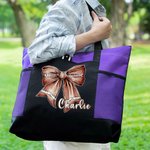 Personalized Football Bow Zippered Tote Bag with Name and Number Game Day Accessories Birthday Gift for Women Football Lovers