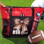 Personalized Football Bow Zippered Tote Bag with Name and Number Game Day Accessories Birthday Gift for Women Football Lovers