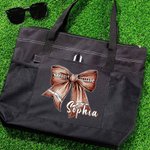 Personalized Football Bow Zippered Tote Bag with Name and Number Game Day Accessories Birthday Gift for Women Football Lovers