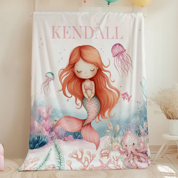 Personalised Pink Mermaid Soft Blanket with Name Cute Nursery Decor Baby Shower Birthday Gift for Kids Baby Girls