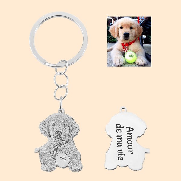 Porte-Clés Personnalisé avec Gravure de Photo d'Animal et Texte à Choix Cadeau pour Propriétaire d'Animal de Compagnie