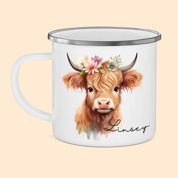 Taza esmaltada de 11oz con nombre personalizada para los amantes de las vacas Highland