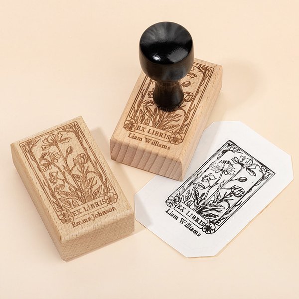 Sello de caucho de madera personalizado Vintage Ex Libris Floral con texto grabado Regalo para amantes de los libros Bibliotecarios Ratones de bibliot