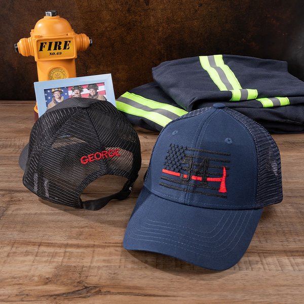 Personalised Embroidered Red Line Axe Flag Adjustable Baseball Cap Mesh Lorryer Hat with Number and Name Birthday Appreciation Gift for Firefighter