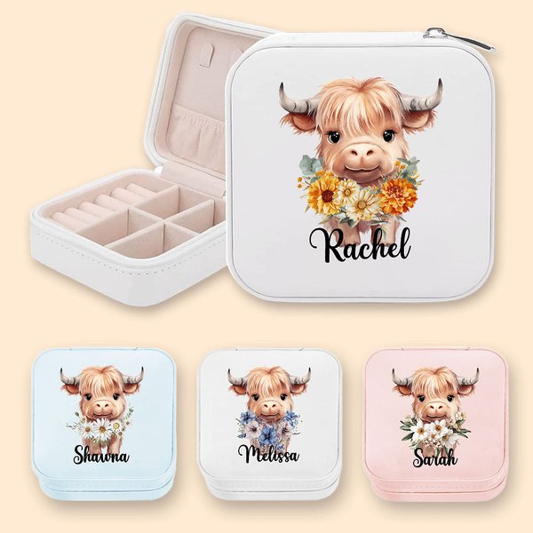 Coffret à bijoux portable en cuir avec nom, fleur de naissance personnalisée, Highland Cow Cadeau d'anniversaire pour les femmes Highland Cow Lovers
