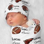 Personlig fotballhjelmdesign Unisex baby mottakende teppe Swaddle Hat Bow Headband Coming Home Outfit med navn Baby shower gave til nyfødte