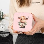 Personlig födelseblomma Highland Cow Bärbart smyckeskrin i läder med namn Födelsedagspresent för kvinnor Highland Cow Lovers