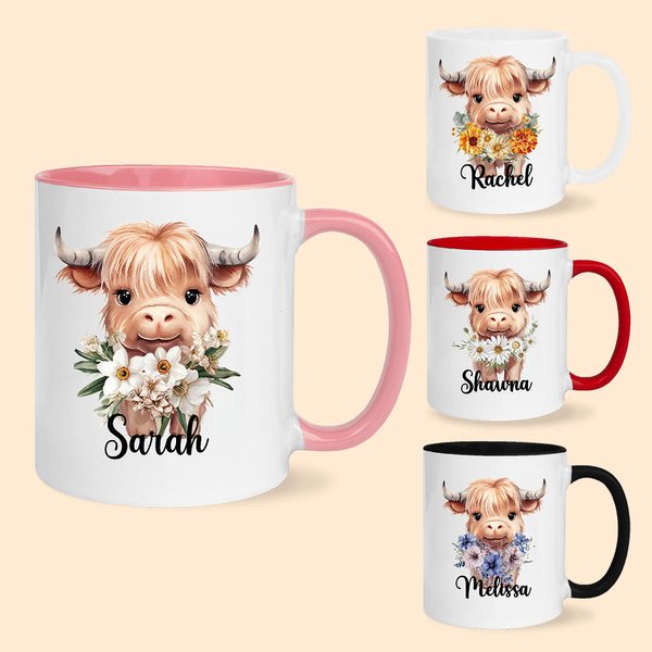 Personalisierte Geburt Blume Hochland Kuh 11oz Keramik Becher mit Namen Geburtstag Geschenk für Hochland Kuh Liebhaber