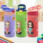 Personalisierte Niedliche Cartoon-Figur Name Trinkflasche 350ml mit Strohhalm und Pop-up Deckel Kindertag Zurück zur Schule Geschenk für Kinder