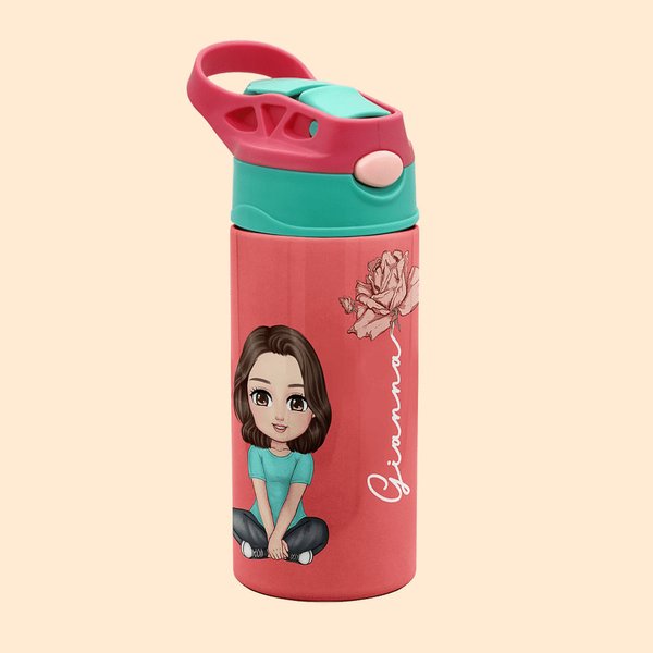 Borraccia Personalizzata da 350ml con Nome Carino Personaggio dei Cartoni Animati con Cannuccia Pulsante Coperchio per il Giorno dei Bambini a Scuola