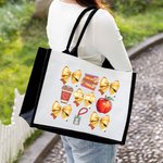 Personalized Coquette Bow Book Coffee Apple Large Canvas Tote Bag with Name Back to School Appreciation Gift for Teacher