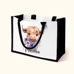 Personalised Birth Flower Highland Cow Large Canvas Tote Bag with Name Birthday Anniversary Gift for Highland Cow Lover