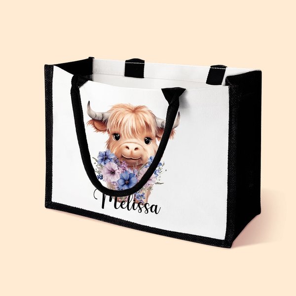 Personalised Birth Flower Highland Cow Large Canvas Tote Bag with Name Birthday Anniversary Gift for Highland Cow Lover
