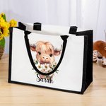 Personalised Birth Flower Highland Cow Large Canvas Tote Bag with Name Birthday Anniversary Gift for Highland Cow Lover