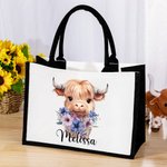 Personalised Birth Flower Highland Cow Large Canvas Tote Bag with Name Birthday Anniversary Gift for Highland Cow Lover