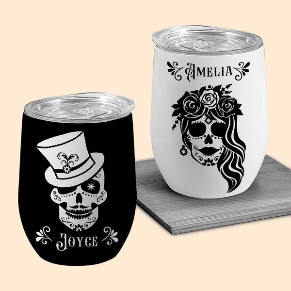 Personalised Sugar Skull Wine Tumbler with Name Mexican Day of the Dead Gothic Wedding Gift for Women Men