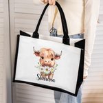 Personalised Birth Flower Highland Cow Large Canvas Tote Bag with Name Birthday Anniversary Gift for Highland Cow Lover
