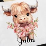 Personalised Birth Flower Highland Cow Large Canvas Tote Bag with Name Birthday Anniversary Gift for Highland Cow Lover
