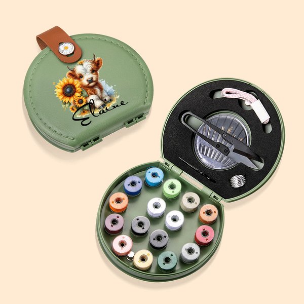 Personalised Portable Highland Cow Sunflower Sewing Kit Set Storage Box with Name Stitching Tools Supplies Gift for Tailor