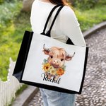 Personalised Birth Flower Highland Cow Large Canvas Tote Bag with Name Birthday Anniversary Gift for Highland Cow Lover