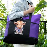 Personalized Large Capacity Highland Cow Mesh Pocket Tote Bag with Birth Flower and Name Birthday Gift for Highland Cow Lovers