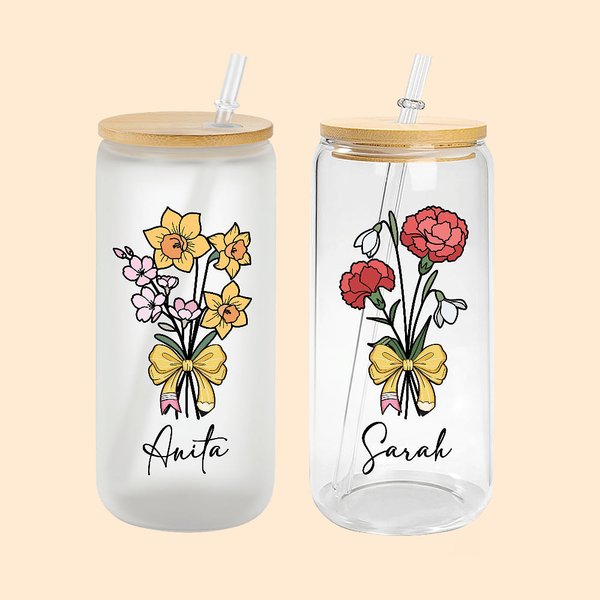 Bouquet di fiori di nascita personalizzato Arco di matita 20 oz nome birra lattina di vetro con coperchio di bambù e cannuccia Compleanno regalo di ap