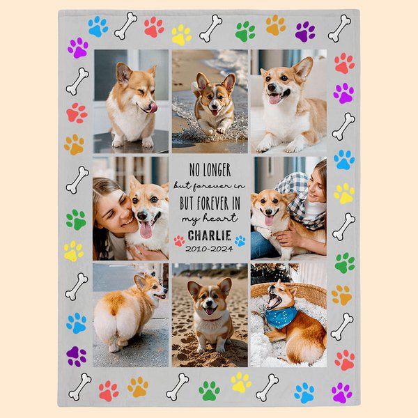 Personalized Forever In My Heart Rainbow Paw Print 8 Photo Colleges Blanket with Name Year Memorial Sympathy Pet Loss Gift for Pet Lovers