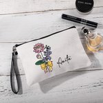 Personalised Birth Flower Bouquet Pencil Bow Design Makeup Bag with Name and Wrist Strap Birthday Teacher's Day Gift for Women