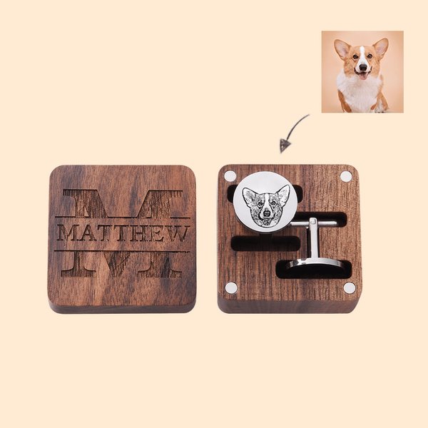 Personalizado Grabado Perro Gato Retrato Gemelos con Monograma Magnético Caja de Madera Boda Novio Memorial Gift for Men Pet Lovers