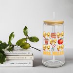 Personalized Yellow Coquette Bow Pencil Book Apple 20oz Name Can Glass with Bamboo Lid and Straw Appreciation Back to School Gift for Teacher