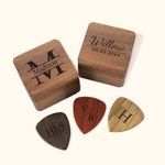 Personalised Wooden Guitar Storage Case and Picks with Engraved Monogram Birthday Gift for Guitar Lover