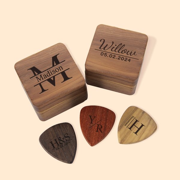 Personalized Wooden Guitar Storage Case and Picks with Engraved Monogram Birthday Gift for Guitar Lover