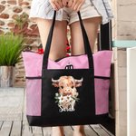 Personalized Large Capacity Highland Cow Mesh Pocket Tote Bag with Birth Flower and Name Birthday Gift for Highland Cow Lovers