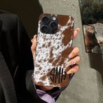 Personalized Faux Cowhide Print Monogram Phone Case for iPhone Birthday Gift for Farm Owner Cow Lover