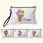 Personalised Birth Flower Bouquet Pencil Bow Design Makeup Bag with Name and Wrist Strap Birthday Teacher's Day Gift for Women