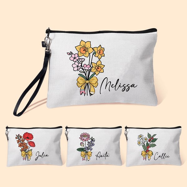 Personalised Birth Flower Bouquet Pencil Bow Design Makeup Bag with Name and Wrist Strap Birthday Teacher's Day Gift for Women