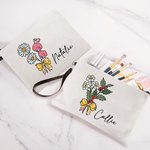 Personalised Birth Flower Bouquet Pencil Bow Design Makeup Bag with Name and Wrist Strap Birthday Teacher's Day Gift for Women