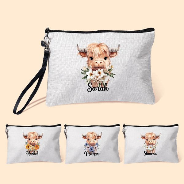 Personalizzato nascita fiore Highland mucca polsino borsa trucco con nome regalo di compleanno per le donne