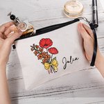 Personalised Birth Flower Bouquet Pencil Bow Design Makeup Bag with Name and Wrist Strap Birthday Teacher's Day Gift for Women